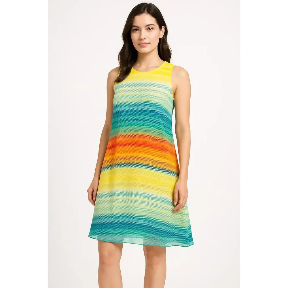 Calvin Klein Dress Womens 10 Yellow Abstract Print‎ Shift Chiffon Sleeveless